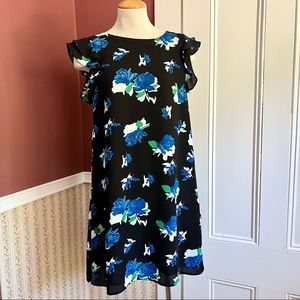 Size 2 💙💚 NWT Fleur Bleue Green Blue Black Floral Shift Dress Flutter Sleeve